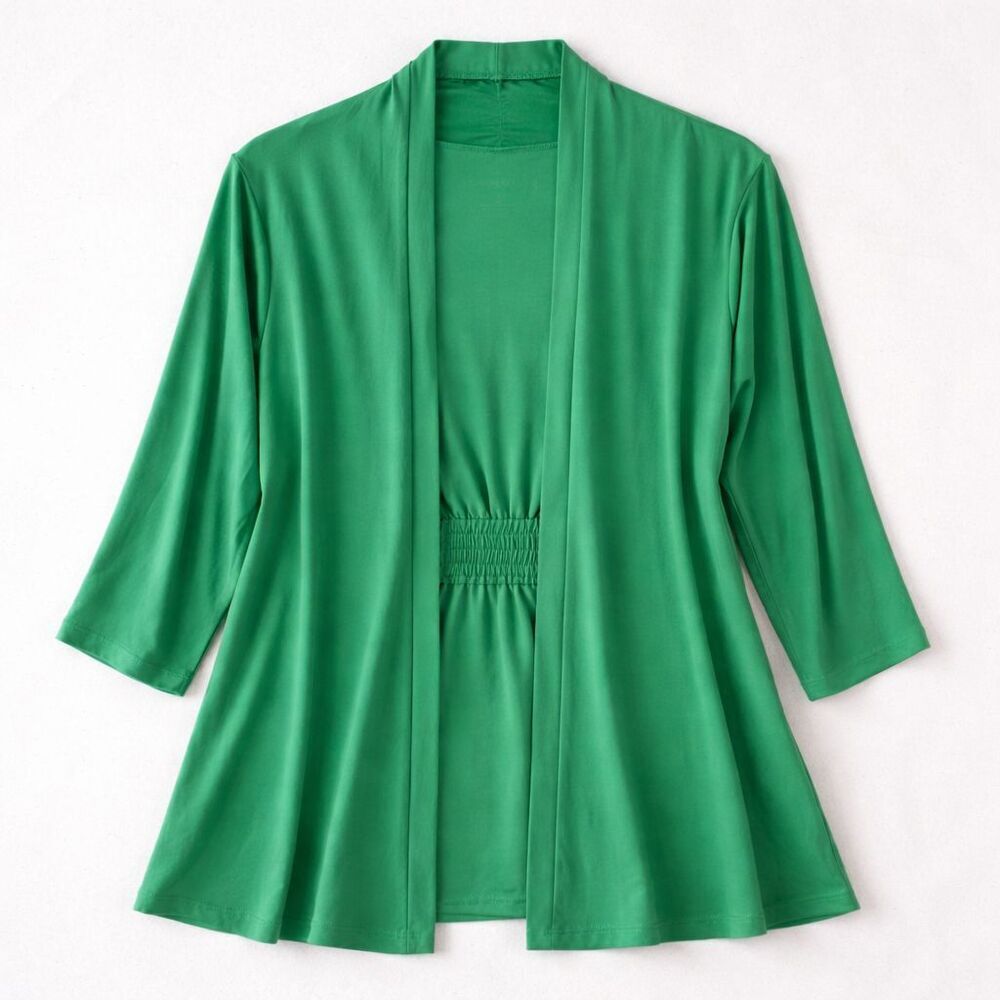 Susan Graver Liquid Knit Topper Cardigan Jacket Size Small Green Open Front
